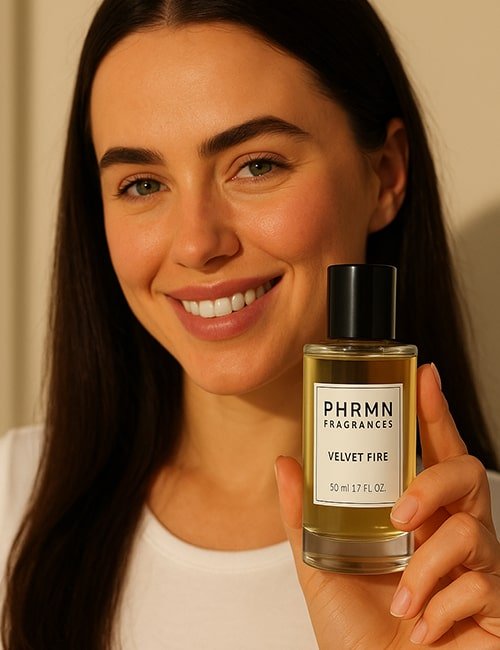Model hält PHRMN Velvet Fire Pheromon Parfum in der Hand und lächelt – natürlich und elegant