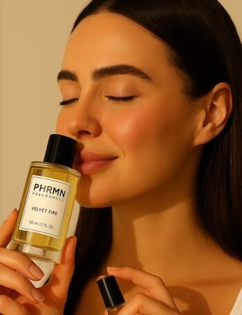Model genießt den Duft von PHRMN Velvet Fire Pheromon Parfum – sinnlich und luxuriös