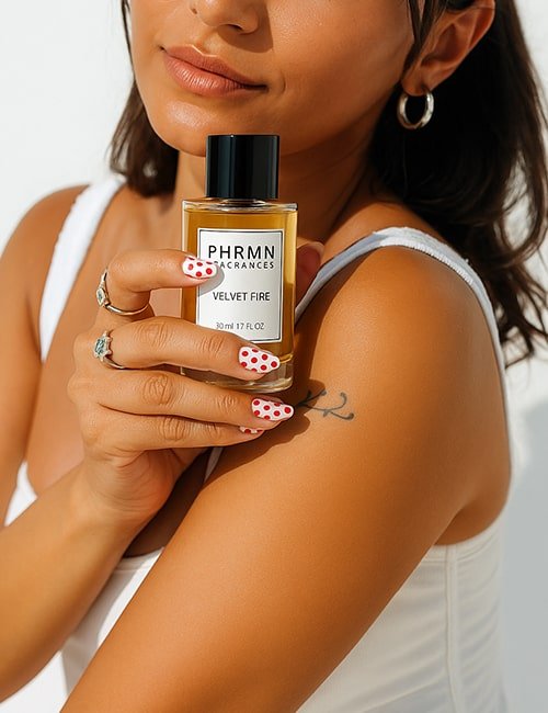Model hält PHRMN Velvet Fire Pheromon Parfum nah am Körper – elegant und sinnlich