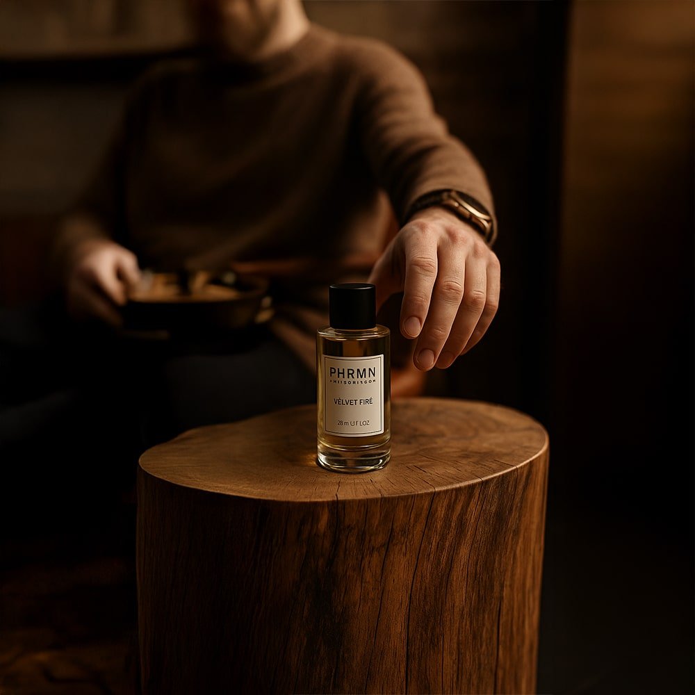 PHRMN Velvet Fire Pheromon Parfum auf Holztisch – luxuriös und maskulin