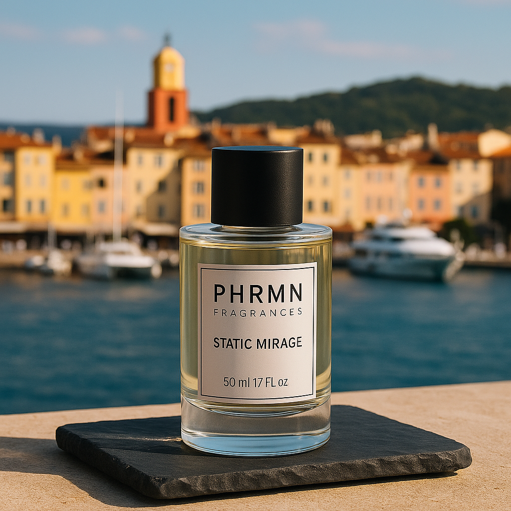 Pheromon Parfum „Static Mirage“ von PHRMN Fragrances – luxuriöses Parfum auf dunklem Stein mit schönem Hintergrund.